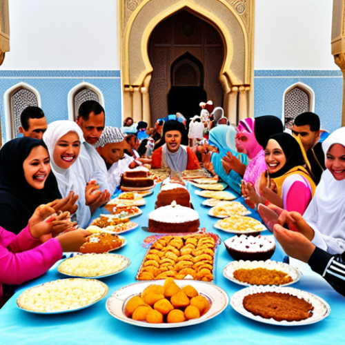 Home 11 **Prompt:** "A vibrant Eid al-Fitr celebration in Tunisia. Families gather around tables laden with traditional sweets and cakes. Children in brightly colored new clothes laugh and play. A mosque is seen in the background, with people heading to Eid prayers."