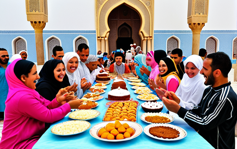 **Prompt:** "A vibrant Eid al-Fitr celebration in Tunisia. Families gather around tables laden with traditional sweets and cakes. Children in brightly colored new clothes laugh and play. A mosque is seen in the background, with people heading to Eid prayers."