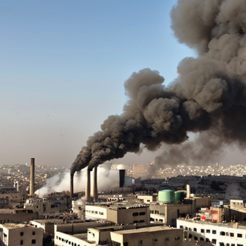 Home 6 **Image:** A polluted cityscape in Tunis, with factories emitting smoke and heavy traffic, obscuring the sky. Focus on conveying the severity of the air pollution problem.